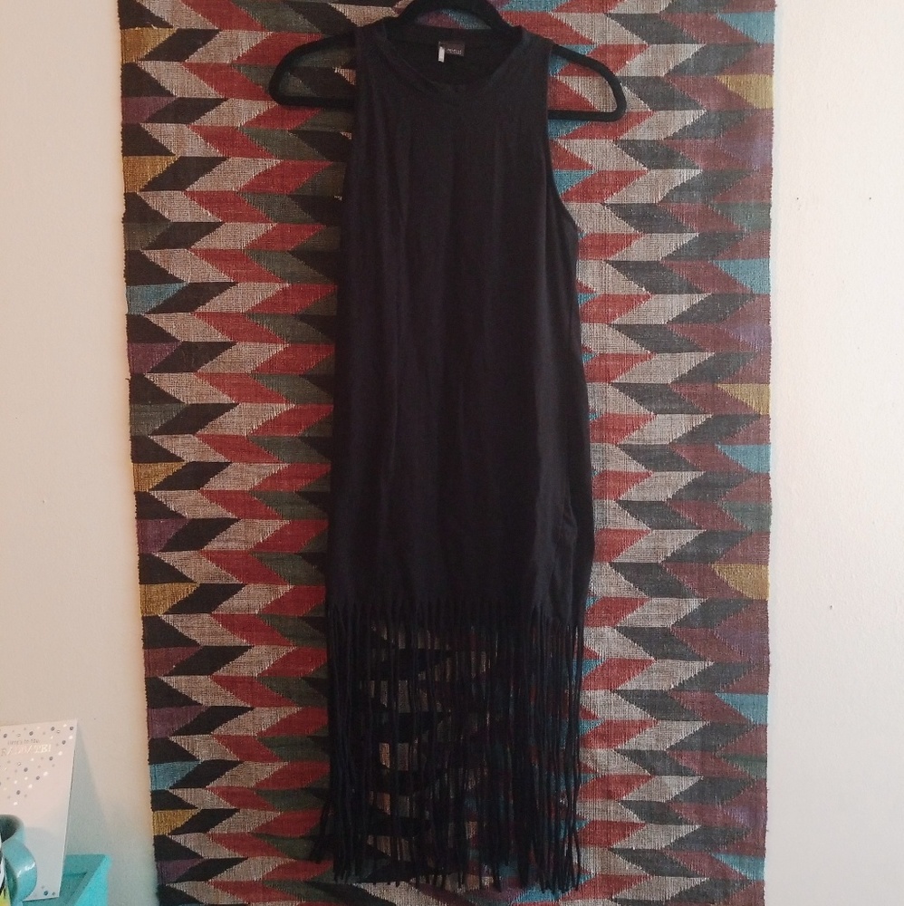 UO Black Tshirt Midi Fringe Dress